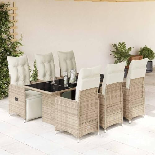 Set di 7 bistrò da giardino con cuscino, marrone, polyrattan, sedie regolabili, tavolo in vetro, mobili da esterno per balcone, terrazza, patio