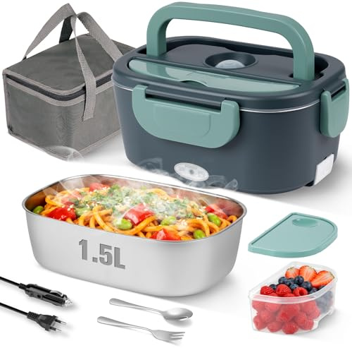 Adiwo Scaldavivande Elettrico Portatile con Borsa Termica, 80W 1,5L Porta Pranzo Termico, Acciaio Inox Rimovibile Portapranzo Termico Elettrico per Auto Camion e Ufficio, Forchetta Cucchiaio, Verde