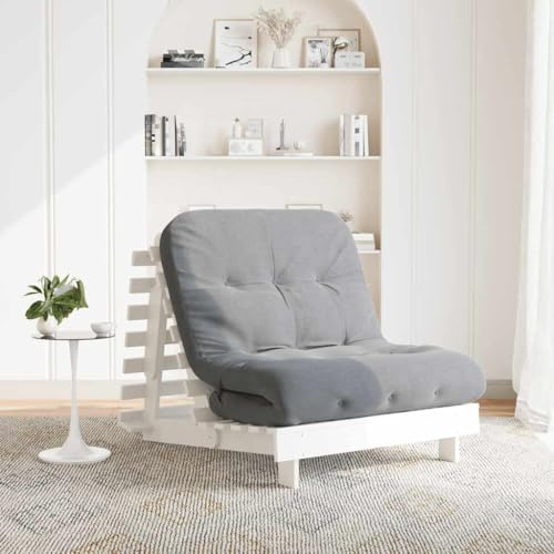 Ordellia Canapé-lit futon blanc en pin massif avec matelas, 90 x 206 x 11 cm, sommier à lattes et dossier réglable pour invités et salon