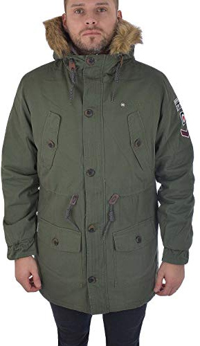 Lambretta Sherpa Lined Fishtale Parka Coat Khaki with Sleeve Badges SS6252 (Large)