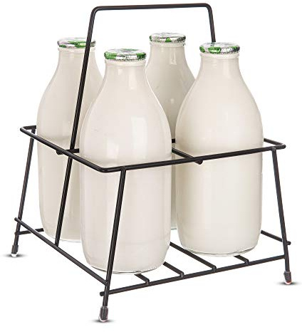 FiNeWaY Milk Bottle Holder Doorstep - Powder Coated Sturdy Holder with Handle - Sturdy Milk Crate for Glass Milk Bottle - Spacious Sleek Carrier for Wine, Beer, Milk Box for Doorstep (4 Bottles)