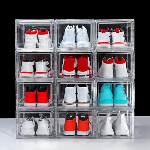 12 Pack Shoe Boxes, Clear Acrylic Plastic Shoe Boxes Stackable, Space-Saving Foldable Drop Front Shoe Storage Boxes Container for With Lids Fits Up to Size 15 (Transparency)