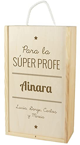 Caja de madera para dos botellas, personalizada para 'Superprofes'