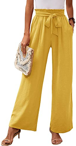Heymoments Women's Wide Leg Lounge Pants with Pockets Yellow Large Lightweight High Waisted Adjustable Tie Knot Loose Comfy Casual Trousers