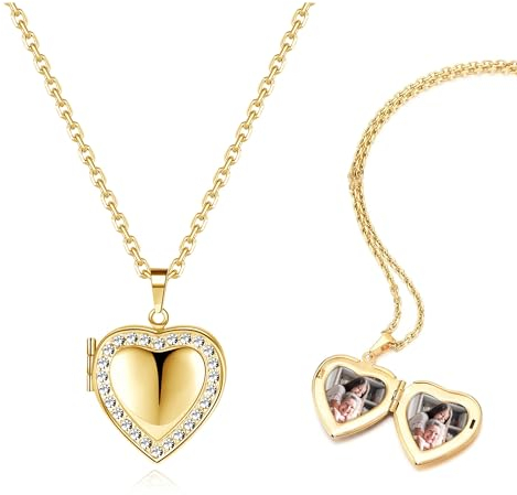 AllerPierce Kette mit Bild Herzanhänger Halskette Damen Gold Medaillon zum Öffnen Amulett Valentinstag Geschenke für Freundin Mutter Tochter