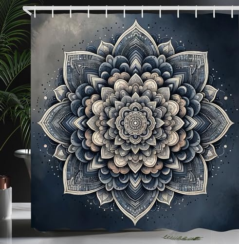 Ambesonne Navy Blue Shower Curtain, Mysterious Victoria Waterlily Mandala in a Dark Pond Like Painting, Cloth Fabric Bathroom Decor Set with Hooks, 69 W x 75 L, Night Blue Dimgray Ecru