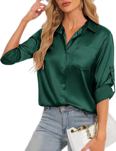 HANERDUN Blusas Mujer Elegantes Camisas Manga Larga Camiseta Raso Color Liso Top Fiesta Empresa Casual