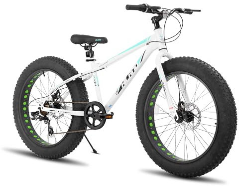 Hiland 24 Inch Fat Tire Mountain Bike for Boys and Girls, 7-Speed Mountain Bike, Double Disc Brake, Beach And Snow Bike White