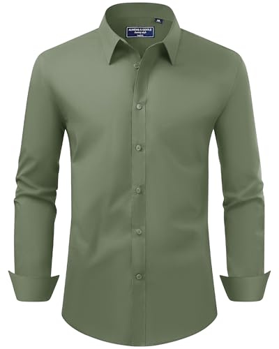 Alimens & Gentle Olive Green Dress Shirt Regular Fit Stretch Stain Shield Long Sleeve Solid Business Casual Button Down Shirts,Olive Green,Medium