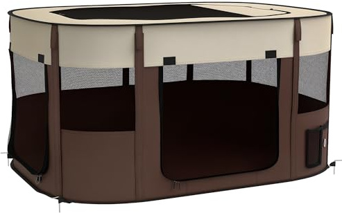PawHut Parc pour Chien en Tissu Oxford, Parc Chiot, enclos extérieur pour Animaux, avec Poches de Rangement, enclos Pliable pour Chiens Chiots, 114 x 89 x 59 cm, Blanc crème et Marron