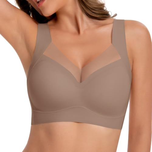 Cavotor Wireless Bras for Women Comfort Support Bralette, Coffee, M