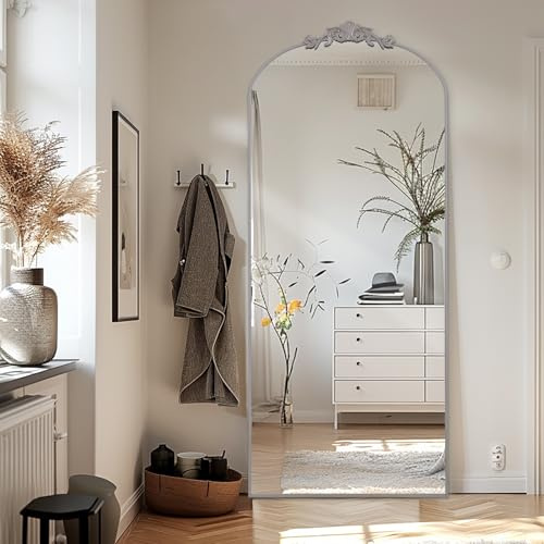 LunaMirror Filigree stående spegel 180 x 76 cm helkroppsspegel met vintage Sierlijke gesneden applikation retro heminredning väggspegel för Woonkamer Slaapkamer Ljus Entree, silver