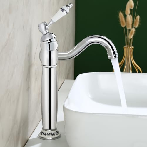 ROVOGO Chrome Vintage Retro Tall Basin Tap for Bathroom with Ceramic Lever, High Rise Bathroom Sink Mixer Tap with 360° Swivel Spout, Brass Construction, Cloakroom Classic Countertop Basin Faucet