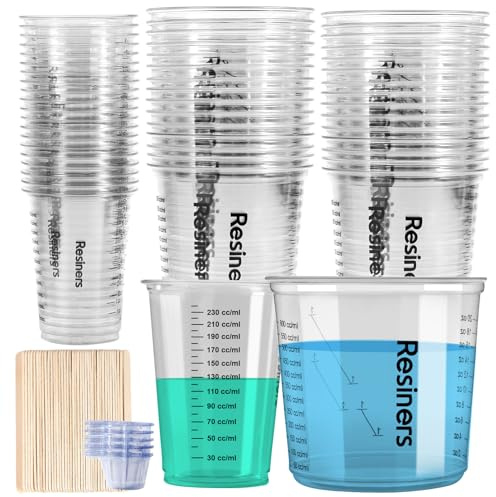 Epoxy Measuring Cups, Resiners 50pcs Resin Mixing Cups for Epoxy Resin, Paint, Crafts Use, with 30 x 24oz & 20 x 8oz Dual Sizes, 50 Mixing Cups, 50 Wooden Sticks, Clear Plastic