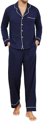 Reliwel Pijama Hombre Algodon Ropa de Dormir Manga Larga con Botones Cordón Largos Manga Larga Dos Piezas Suave y Cómodo Azul Marino, L