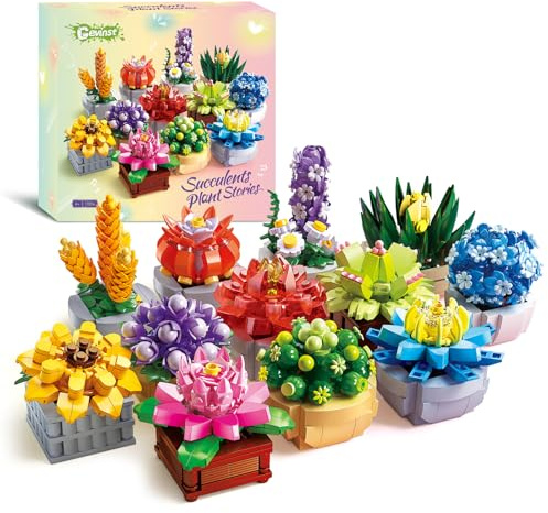Flowers Succulents Building Sets, 12 Tiny Plants, Office Home Decor Botanical Collection Building Block Toy, Creative Birthday Housewarming Gifts, Artificial Plant Kit for Kids Adults Women (1174 PCS)