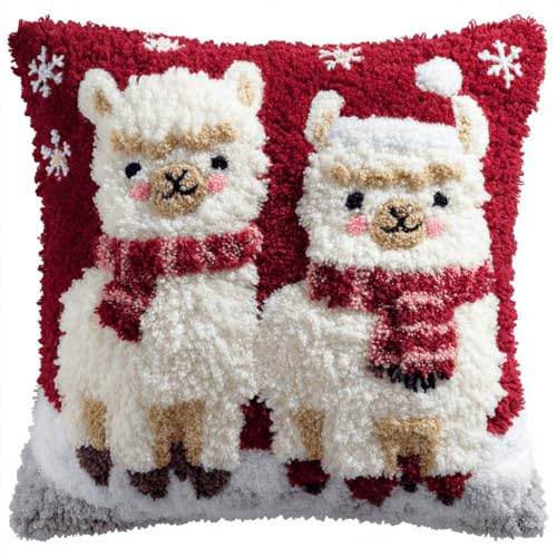 ORLUMY Knüpfteppich Zum Selber Knüpf-Sets Mit Kissen Knüpfen-Set 43X43Cm Kissenbezug-Set Für Erwachsene Und Kinder Latch Hook Kit Heimaccessoire（Bausätze Alpaka Weihnachten）