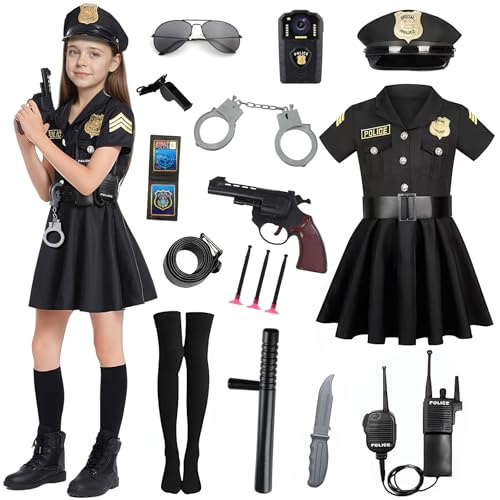 Disfraz Policia Niña, Disfraz Policia Niño Disfraz de Policía Niñas con Vestido Negro,Gorra de Policía,Cinturón,Walkie Talkie,Porra Policial,Esposas de Juguete para Fiesta Cosplay Carnaval Halloween
