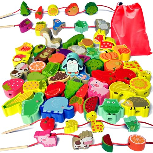 Goujfol Giocattolo in Legno Fädelspiel Montessori Giocattolo Motorio 42 Pezzi Perline in Legno Frutta Animali Giochi Regalo per Ragazzi e Ragazze Giocattolo per Bambini a partire da 3 Anni