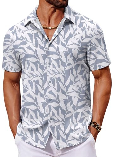 COOFANDY Camisa Hawaiana para Hombres Camisas De Verano De Manga Corta Camisa Tropical Hawaiana Camisas De Flores Aloha De Fiesta Hojas de Palma Azules Y Blancas M