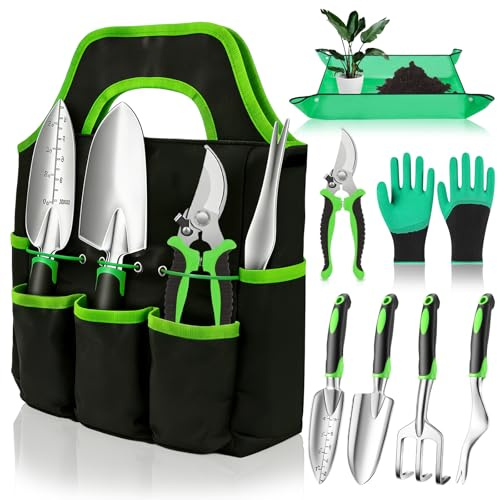 KOHRIUK Set Attrezzi Giardinaggio Anti-Ruggine 8 Pezzi Kit Giardinaggio in Alluminio e Acciaio Inox con Forbici Tappetino Guanti e Borsa Ideale Regalo Giardiniere