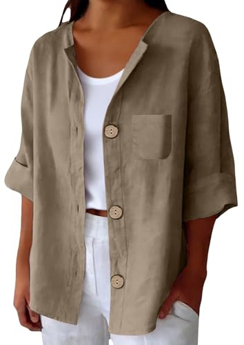 Camicia Lino Donna Maniche Tre Quarti Girocollo Estiva Moda Camicie Elegante Blusa Casual con Bottoni e Tasca Camicetta da Spiaggia Classico Leggera Comoda Lavoro Viaggi Uso Quotidiano