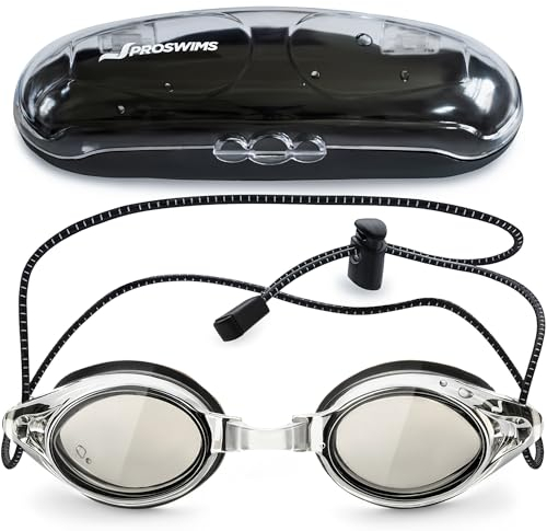 Proswims Schwimmbrille mit Antibeschlag-Beschichtung, graue Gläser mit schnell verstellbarem elastischem Bungee-Riemen, Hartschalentasche und Mikrofaser-Reinigungstuch Grau