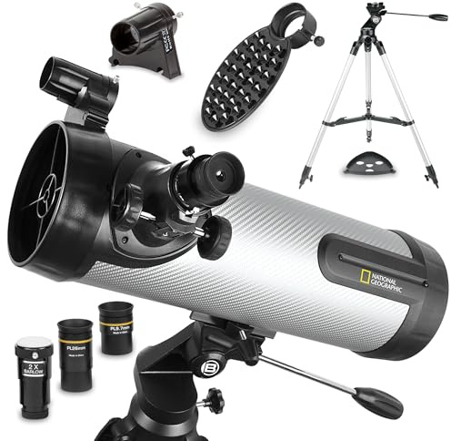 National Geographic NT114CF 114mm Reflector Telescope Carbon-Fiber Tube, 500mm Focal Length (f/4.4), Includes 2 Plssl Eyepieces, 2 Barlow Lens, Red-Dot Finder, Smartphone Adapter & Tripod