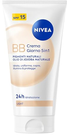 NIVEA BB Crema Giorno 5in1 Light SPF 15 2 x 50 ml, Crema colorata viso idratante 24h, BB cream con Pigmenti Naturali e Olio di Jojoba, Skincare per toni di pelle chiari e tutti i tipi di pelle