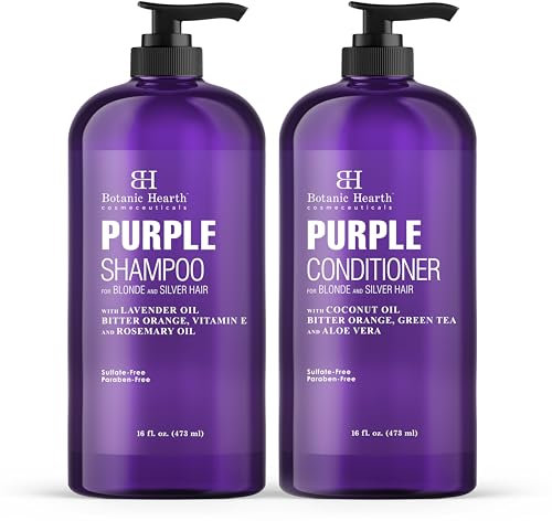 BOTANIC HEARTH Purple Shampoo and Conditioner Set - for All Shades of Blonde, Silver and Gray Hair - Enhances Highlights - Sulfate Free, Paraben Free, 16 fl oz each