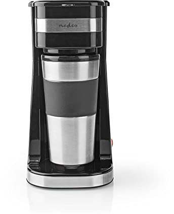 NEDIS KACM300FBK macchina da caffè – con tazza da viaggio da 0,4 L – isolamento a doppia parete – sistema antigoccia – per 1 tazza – acciaio/nero