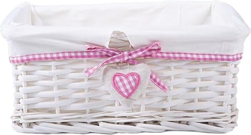 Natural Wicker Storage Gift Hamper Shelf Basket with Lining Gift Hampers Storage Box (White+Pink, Large)