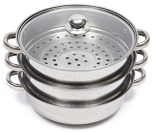 Exprimidor de Vapor de Acero Inoxidable, Diámetro del Accesorio de Vapor Ø27,3cm, 3 Niveles Cacerola de Acero Inoxidable, Vaporera de Verduras, Cesta de Vaporera con Tapa de Vidrio