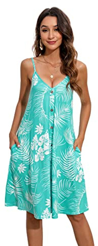 Enmain Aqua Summer Dress for Women Floral Spaghetti Strap Dresses Casual V Neck Midi Dress Knee Length Sleeveless with Pockets 2XL