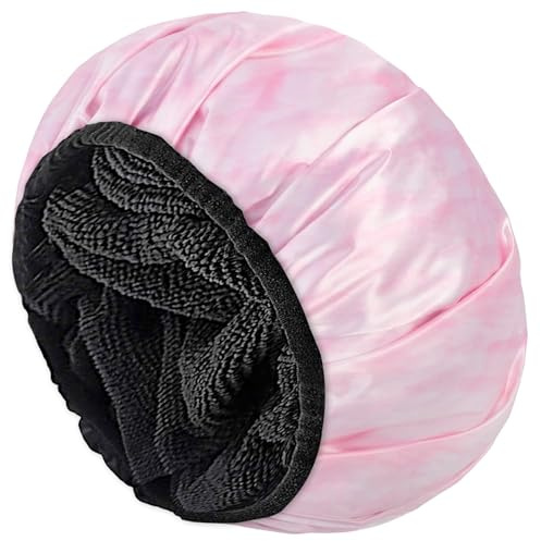 Aquior Shower Cap,Extra Large Triple Layer Bathing Cap with Dry Hair Function for Women Microfiber Terry Cloth Silky Satin 100% Waterproof Reusable Long Hair Bath Caps (Pink Cloud)