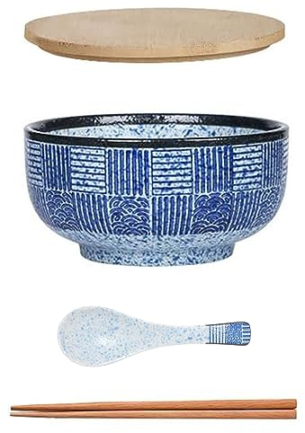 Japanischer Ramen Schüssel Großer Suppenschüssel mit Deckel Löffel，Vintage Ramen Bowl aus Keramik，Salatschüsseln，Instant Nudel Schüssel - 900 ml (Streifen)