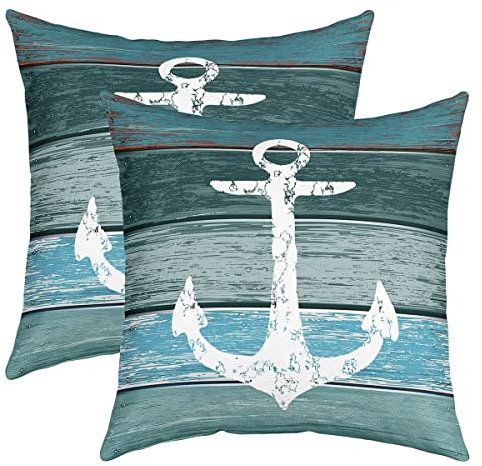 Anker 2er Set Kissenbezüge Nautisches Thema Sofakissen Couchkissen 40x40cm Vintage Timeworn Verwitterte Holzbretter Rustikale Dekokissen Weich Luxus Kissenhülle mit Reißverschluss,Blaugrün,Blau