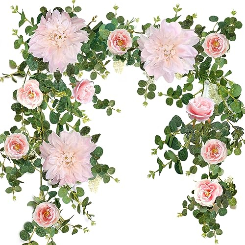 OrgMemory Blumengirlande Grün, Eukalyptus Girlande Deko, Hochzeit Blumen, Bünstliche Blumengirlanden für Hochzeit Tür Dekoration Wand hängende Pflanze (Rosa)