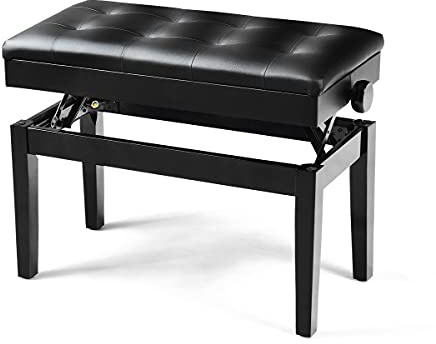 RELAX4LIFE Panca Sgabello Panca per Pianoforte con Contenitore, Altezza Regolabile da 45 a 54 CM, Legno Massello e Similpelle, Portata Massima 200 kg, Nero, Design Elegante