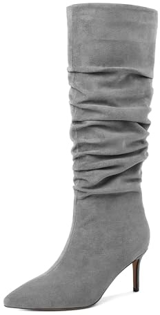 AUMOTED Womens Slouchy Knee High Boots Mid Calf Boots Kitten Heel Pointed Toe Pull On Long Boots Winter Shoes 2.5 Inch Heeled Boots, Suede Grey, 8 UK