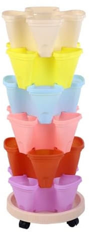 Tanant Stapelbare Pflanztöpfe, Vertikaler Blumentopf aus Kunststoff mit 4 Blütenblättern, Pflanzgefäß für Kräuter, Blumen und Gemüse, Gartentöpfe mit Abnehmbaren Rädern für den Innen-