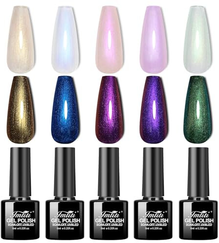 Imtiti Pearl Gel Nail Polish Set, 5 Colors Transparent Shell Shimmer Nail Gel Polish Blue Purple Rose Gold Green Mermaid Nail Drawing Gel With Black Gel Polish Spring Summer Soak Off UV Led 6ML