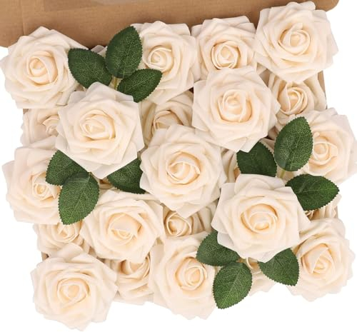 N&T NIETING Rosen Künstliche Blumen, 50 Stück Gefälschte Blumen Schaum Rosen für DIY Hochzeit Brautstrauß Baby Dusche Party Kuchen Wanddekoration, Creme