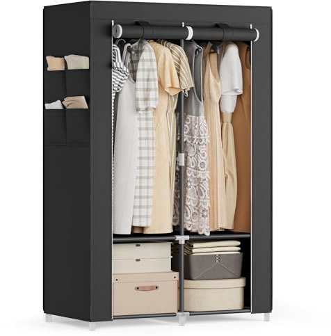 SONGMICS Armario, 2 Barras de Ropa, Estantes, 4 Bolsillos Laterales, Almacenamiento, de Tela, Perchero, Plegable, 45 x 86 x 167 cm, Negro Tinta RYG091B01