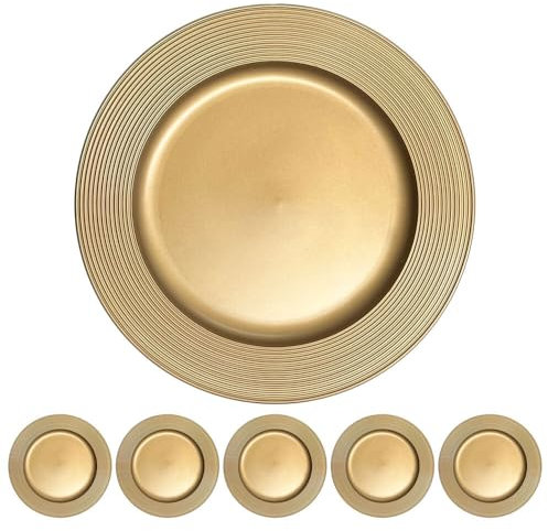 Murago - 6er Set Platzteller ca. 33cm Kunststoff goldfarben - matt Unterteller für Teller Dekoteller Kerzenteller goldene Dekoration für Hochzeit Weihnachten Tischdeko rund