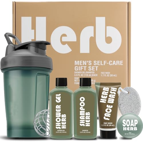 Birthday Gifts for Men 6 PCS Toiletries Mens Gifts Set with Fresh Herbal Shower gel ,Shampoo,Face Wash, Water Bottle Travel Skincare Set Fathers Day Valentine Gifts for Him Christmas Present