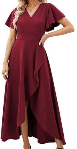 Misshow Robe Bal de Promo asymétrique, Chic et Glamour Longue avec Manches Robe pour Mariage Bordeaux M