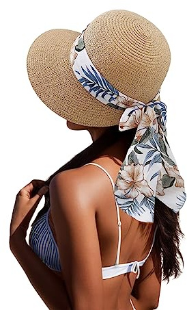 POIUIYQA Chapeau de Paille pour Femmes Capelines de Soleil D’Été Capelines de Plage à Large Bord Chapeaux Tuniques Pliables à roulettes pour Femmes Dame et Fille Beach Visiere
