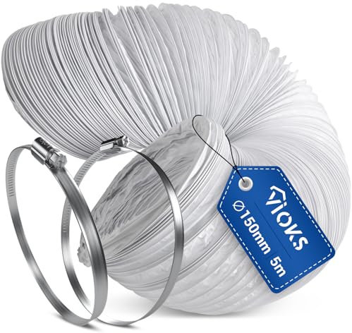 VIOKS Set di tubi di scarico, climatizzatore, 5 m, colore bianco, 150 mm, diametro in PVC + fascetta, 140 – 160 mm, in acciaio cromato W2, per aria condizionata, tubo flessibile 150 mm
