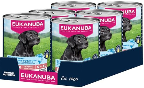 EUKANUBA Life Care Aliment Humide Chien Senior 7 Ans + Toutes Races, Pâtée Riche en Truite & Patates Douces, Oméga-3, L-Carnitine, Prébiotiques, sans OGM Colorants Conservateurs, 6 boîtes de 400g